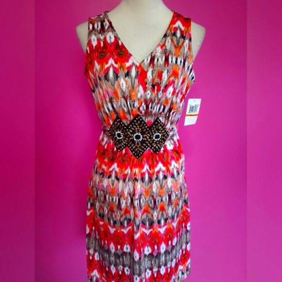 Nina Leonard Orange Multicolor Beaded Summer Dress (Size Small) (NWT!) - Picture 2 of 9